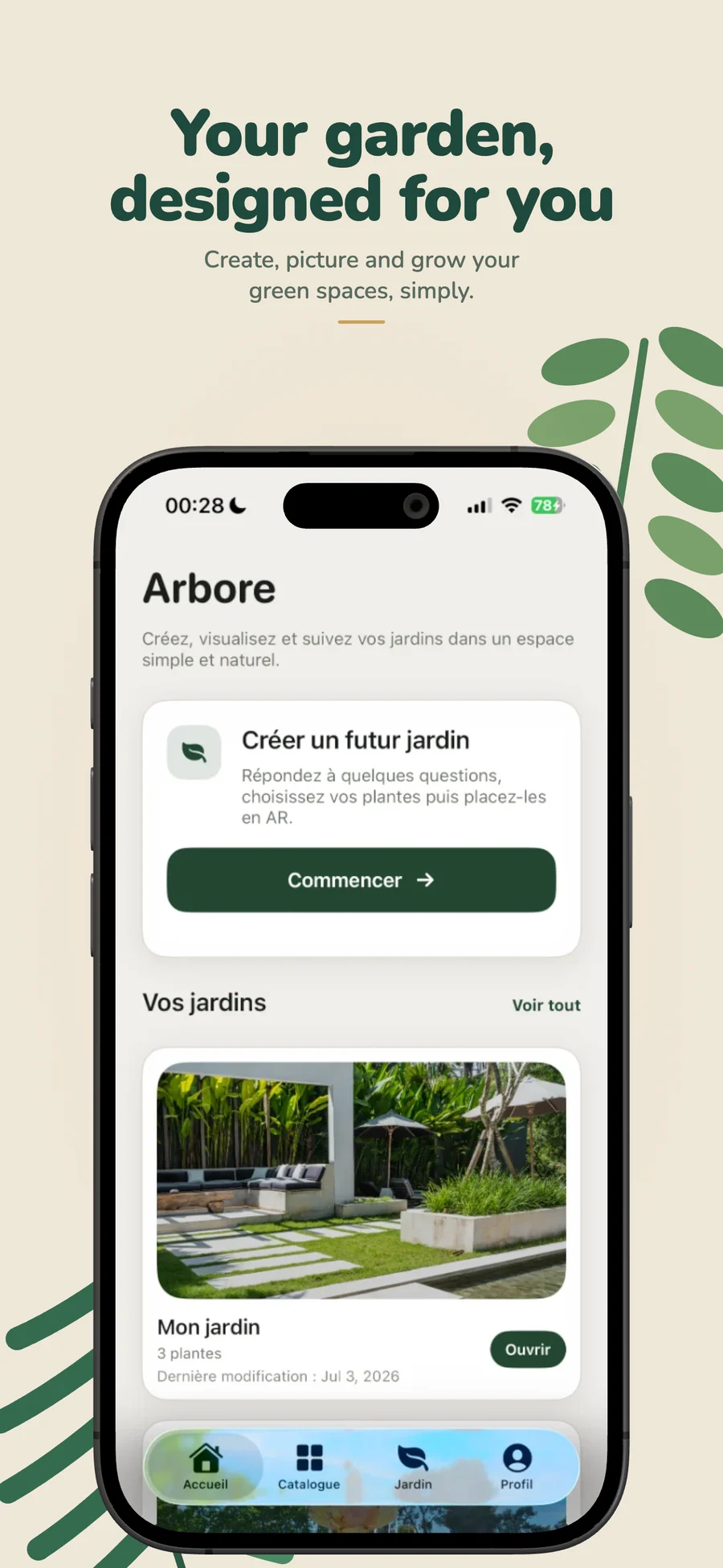 Arbore’s home screen, listing the gardens you have designed.