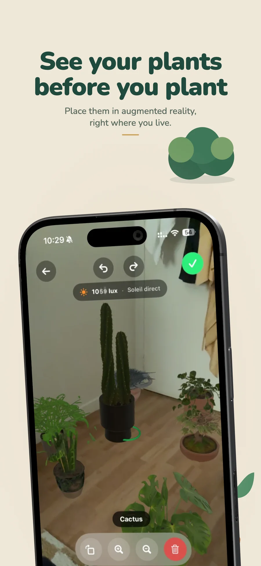 A plant placed in a room in augmented reality, with a light reading of 1059 lux.